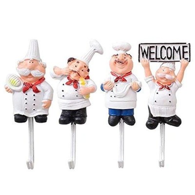 TA BEST Pack of 4 Resin French Chef Figurine Wall Hooks Decorative Cook Wall Mou