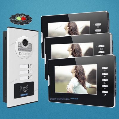 7'' Hands-free Video Door Phone Intercom Kit With Mute Monitor for 3 Apartment