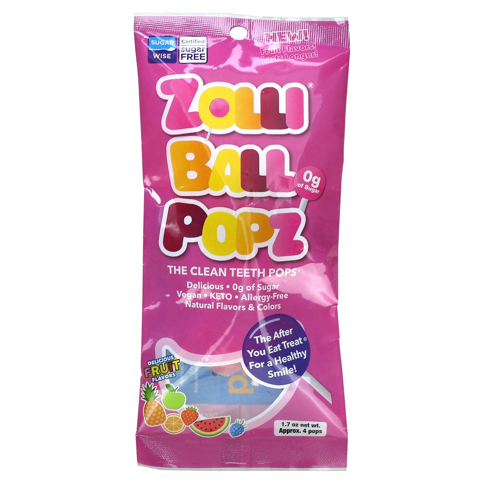 Zolli Ball Popz, Хлопки для чистки зубов, Вкусные фрукты, ок. 4 порции по 1,7 унции