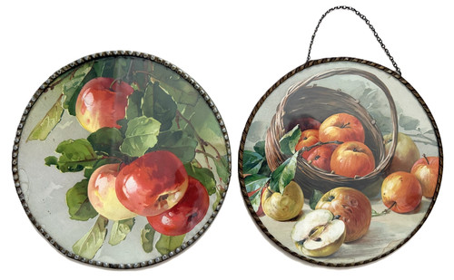 Pair Antique Chimney Flue Covers Glass Metal Rim Germany Apple Fruit Still Life