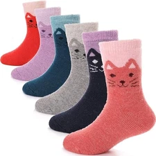  Kids Merino Wool Hiking Socks for Toddlers Boys Girls Warm 1-3T Cat (6 Pairs)