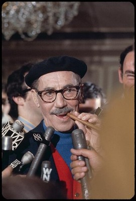 Groucho Marx 1970s Press Conference Comedian Microphones Beret Glasses