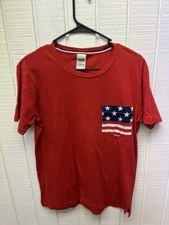 Victoria’s Secret PINK Women’s Small American Flag Red Crewneck Pocket Tee USA
