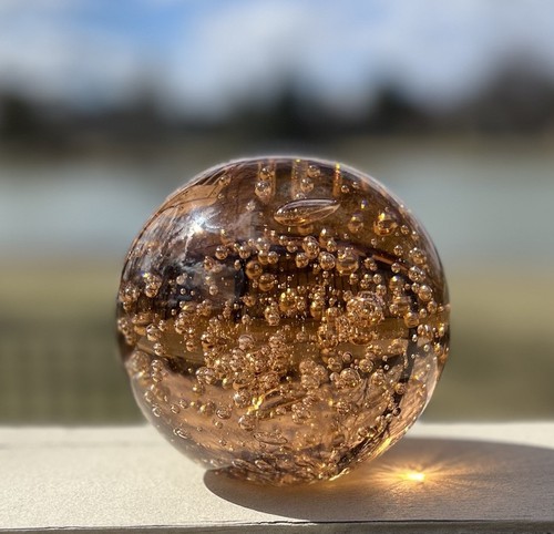 Vtg IKEA Amber Orange Glass Paperweight Controlled Bubbles Murano Style Art Orb - Picture 1 of 8