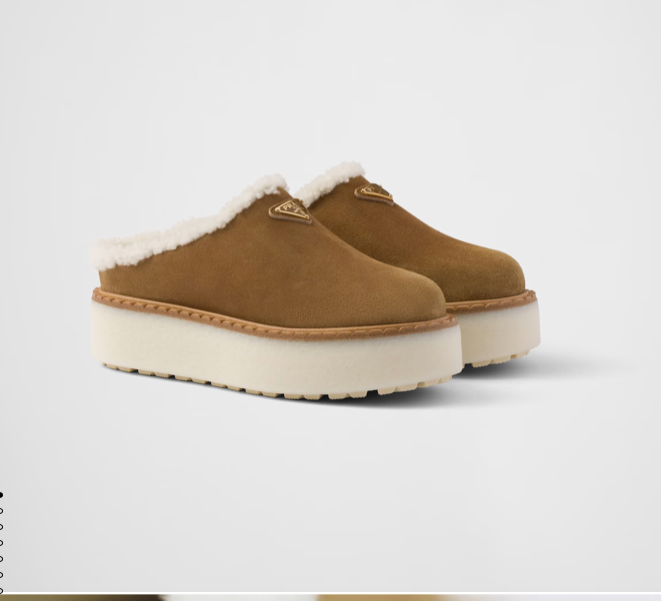 PRADA Cinnamon Suede Shearling-Lined Logo Slippers Size 37.5 US 7.5