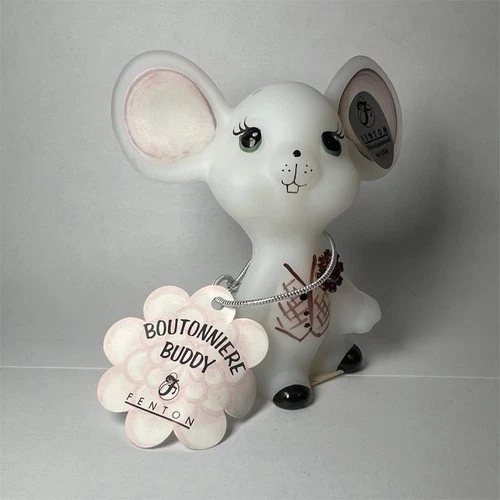 Fenton Boutonniere Buddy Mouse White Pink Matte Glass Figurine Hand Painted
