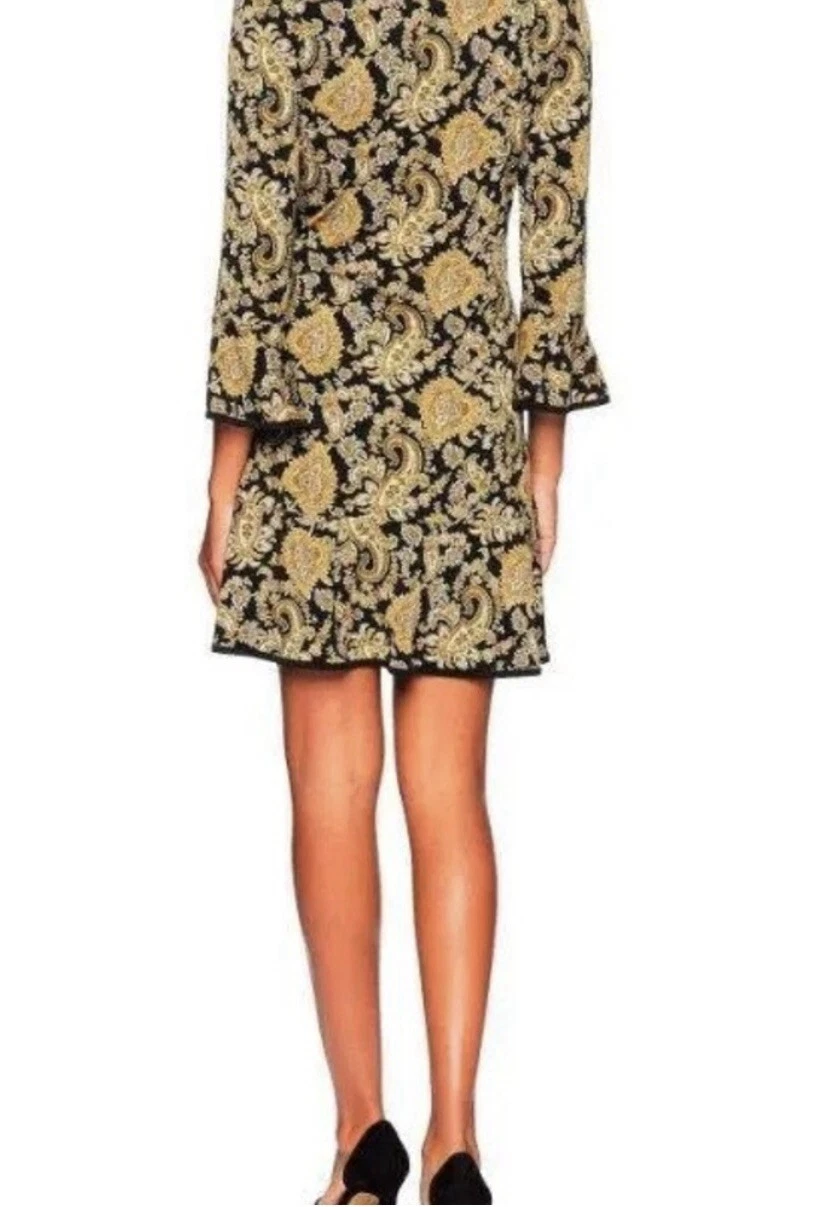 Abito donna Michael Kors nuovo con etichette taglia XS nero oro paisley manica a campana