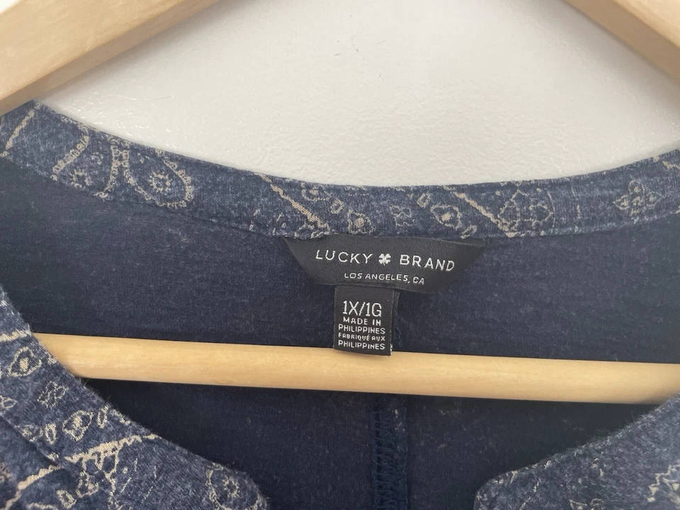 Camisa para mujer Lucky Brand estampado cachemir algodón mezcla modal manga 3/4 azul 1X Foto 2 de 4