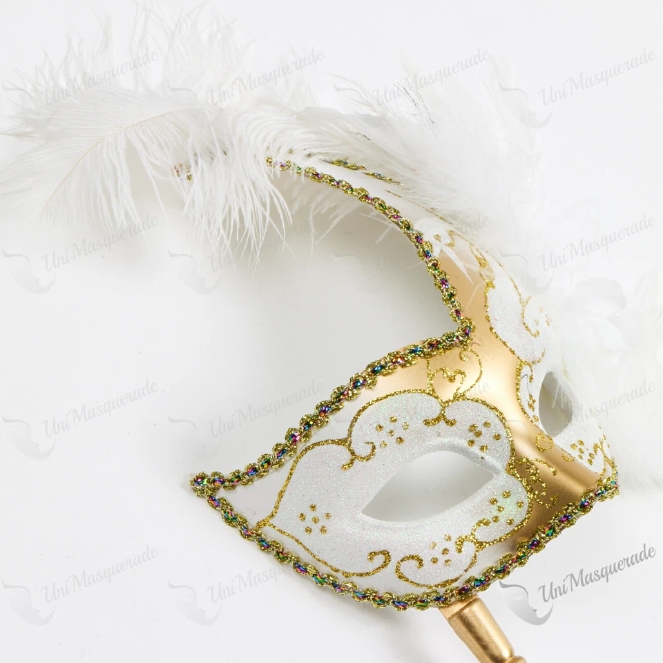 Боковое перо блестящая маска венецианский Хэллоуин вечеринки глаз маски белое золото с палочкой - Изображение 4 из 4