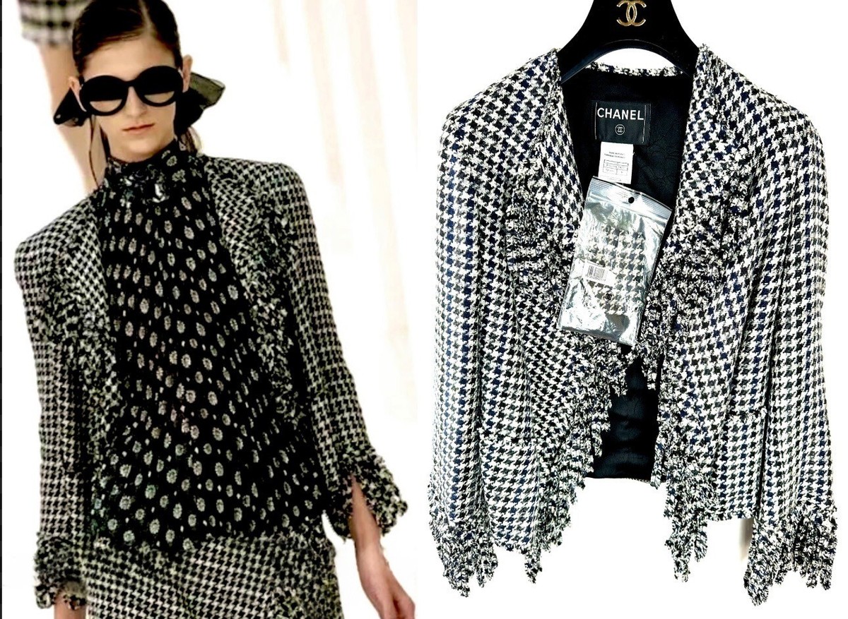 Chanel Vintage 2007 White Black Houndstooth Tweed Jacket 34 36 2 4