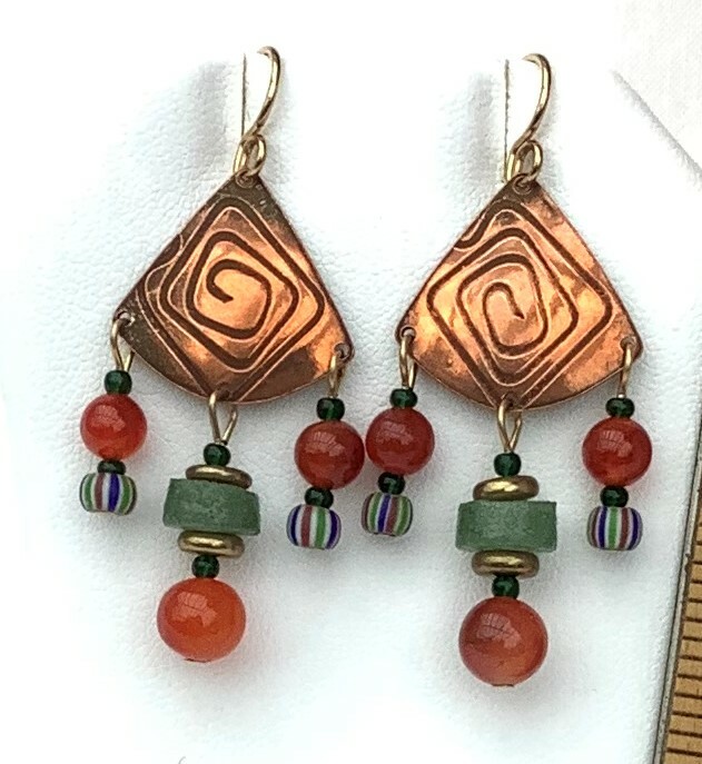 Original Design Printed CU, Carnelian & Trade Bead Earrings 14K/20 Hooks. 2" L