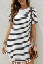 NEW Boutique White Black Stripe Short Sleeve Dress Tassel T-Shirt Size Medium M
