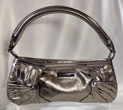 Burberry Calf Skin Shoulder Bag Pleated Side Knots-Silver