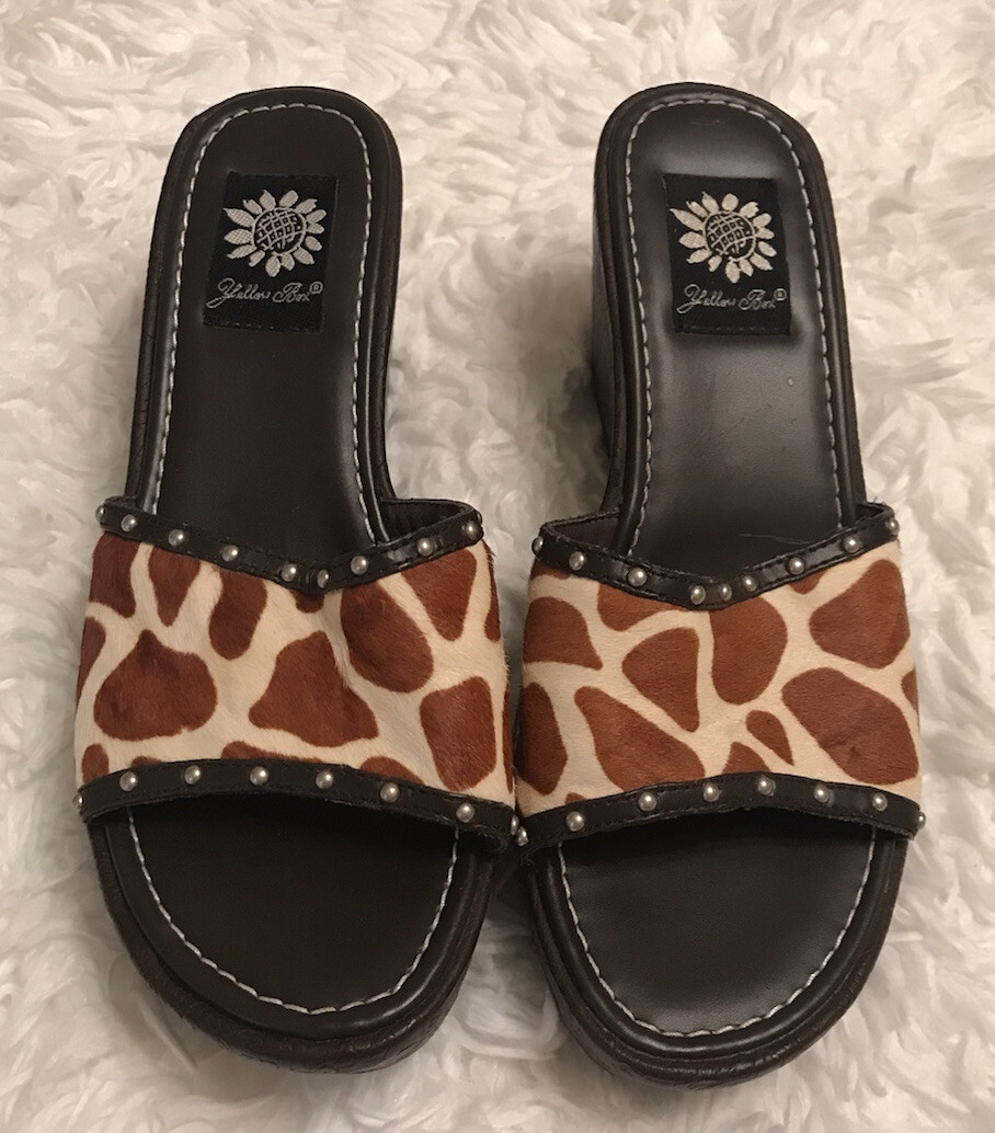 YELLOW BOX “Nice” Sz 8 Slide Sandals Cowhide Tooled/Patterned Leather  Wedges EUC | eBay