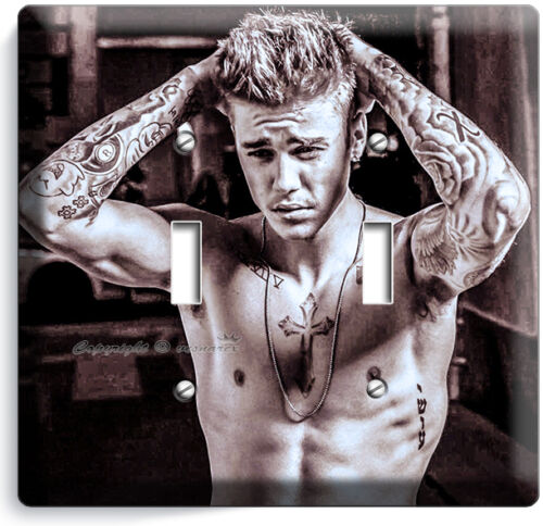 HOT JUSTIN BIEBER TATTOOS NAKED TORSO DOUBLE LIGHT SWITCH COVER TEEN GIRL ROOM - Picture 1 of 1