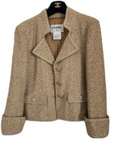 Auth. Chanel Classic Jacket Tweed Tan Gold