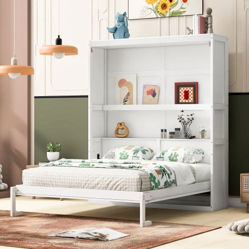 Full Queen Size Murphy Wall Bed with Shelves Wood Murphy Chest Cabinet Furniture