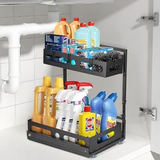 Under Sink Organizer 2 Tier Adjustable Height Pull Out Drawer, Matte Black