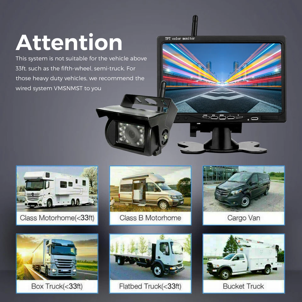 New Wireless Backup Rear View Camera System 7" Monitor Night Vision RV Truck Bus - Image 3 of 4