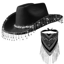 2 Pcs Rhinestone Cowgirl Hat Bling Bandana Glitter Cowboy Hat for Disco Parties