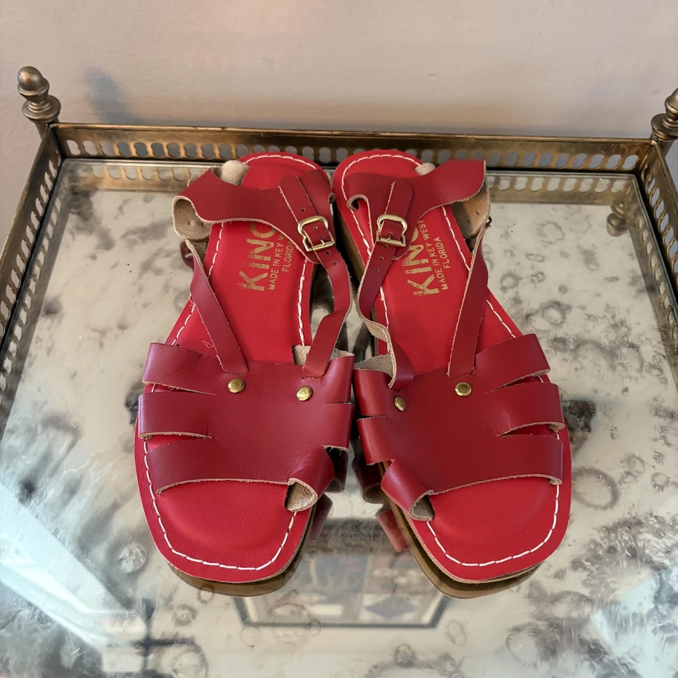 Sandalias Kino Mujer Talla 8 Cuero Rojo Cordones Pescador Hechas en Key West EE. UU. Foto 2 de 4