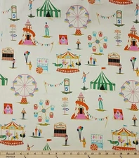 Cotton Ticket to Ride Carnival Games Fairs White Fabric Print by Yard D673.90