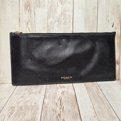 Coach Black Crossgrain Leather Zip Travel Pouch Clutch Long Cosmetic Bag