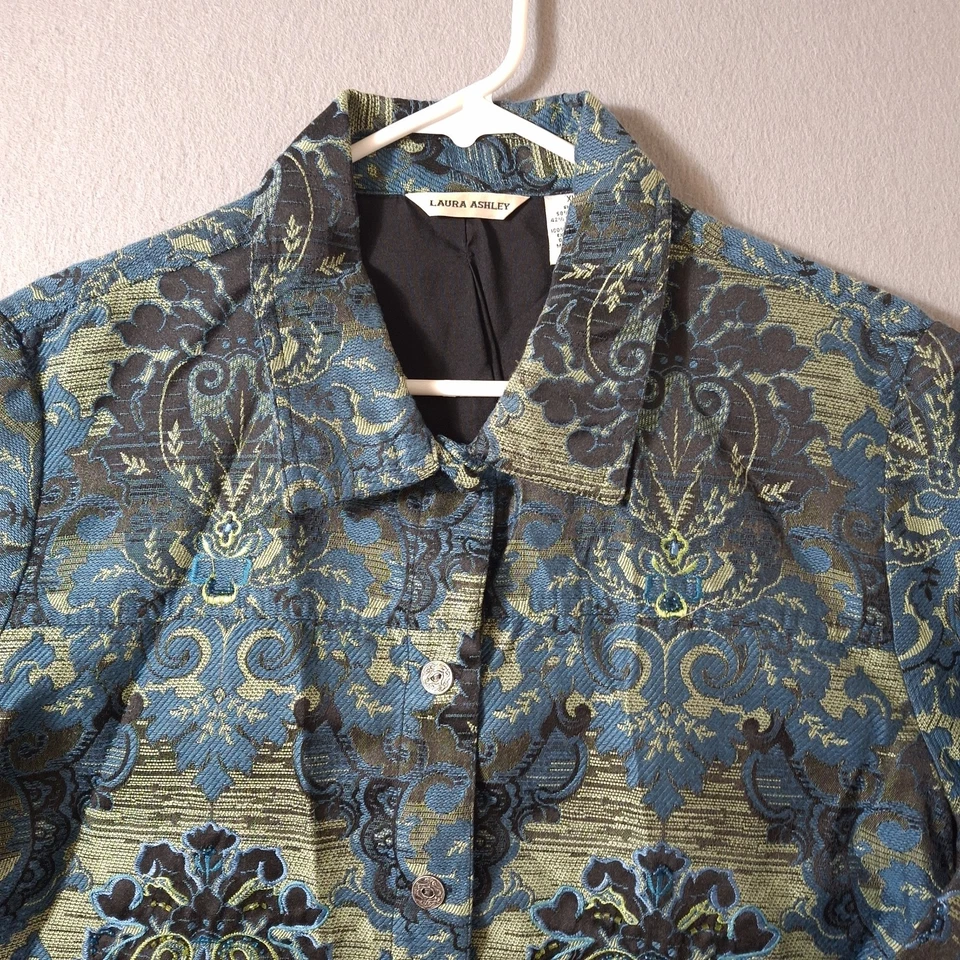 Женская куртка Laura Ashley XL из парчи/жаккарда сине-зеленая дамасская с цветочной подкладкой - Изображение 2 из 4