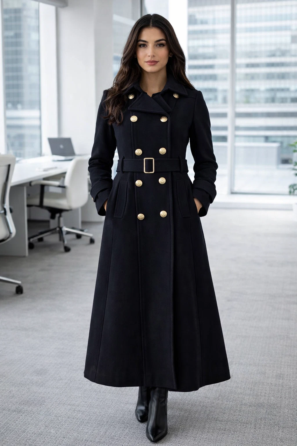 Women's Long Wool Blend Military Coat, Double Breasted, Trench Jacket. Gothic