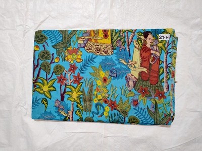 Indian Handmade Turquoise Frida Print Dressmaking, Sewing Running Fabric 2.5Yard