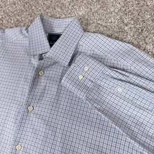 David Donahue Dress Shirt Mens 15.5 32/33 Blue Brown Check Long Sleeve Cotton