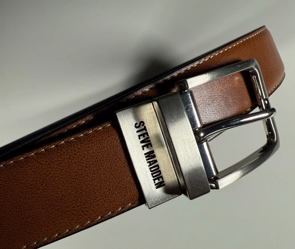Cinturón Steve Madden Marrón Reversible Negro Talla 33-37 Níquel Cepillado Hebilla Cuadrada Foto 2 de 4