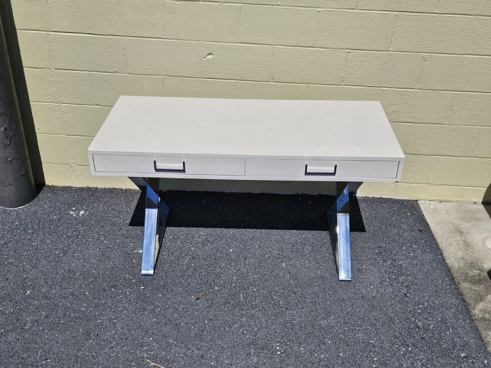 MCM Milo Baughman? Style Campaign Writing Desk White Lacquer & X Chrome Base - Image 4 of 4