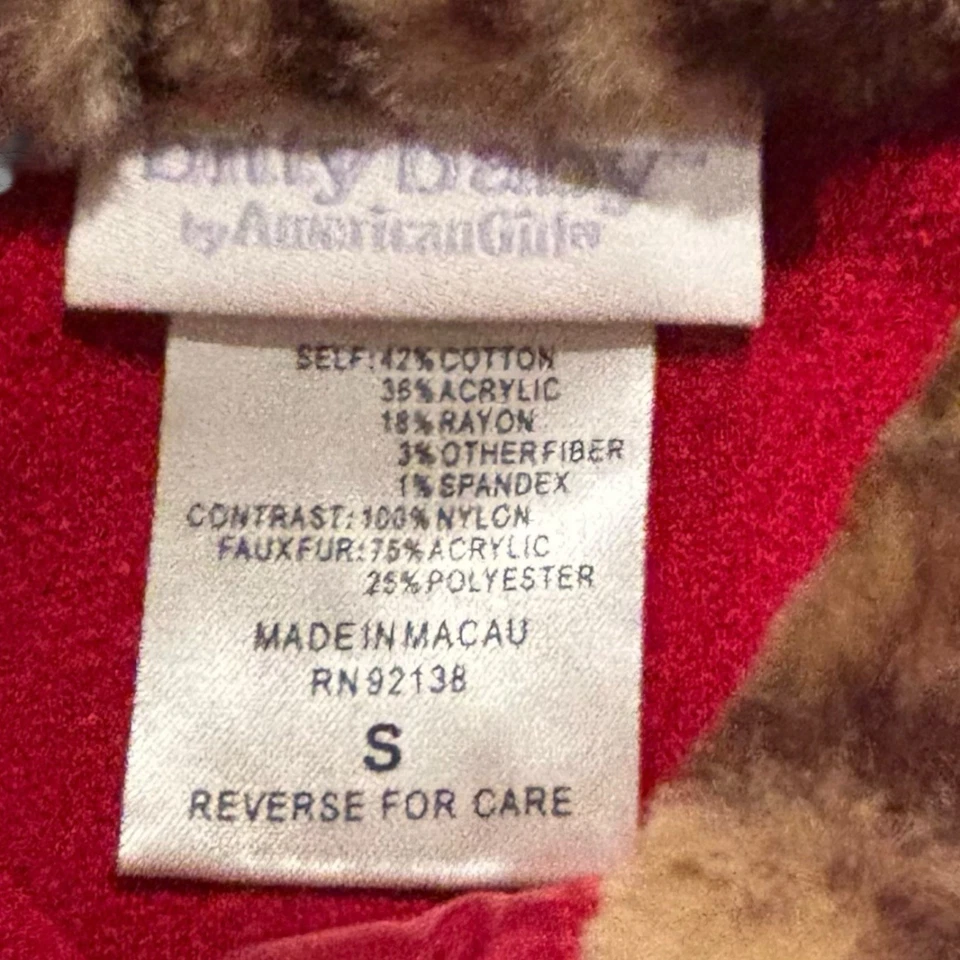 Abrigo y sombrero de vacaciones American Girl Bitty Baby rojo 1999 piel sintética ribete de leopardo S/M Foto 2 de 4