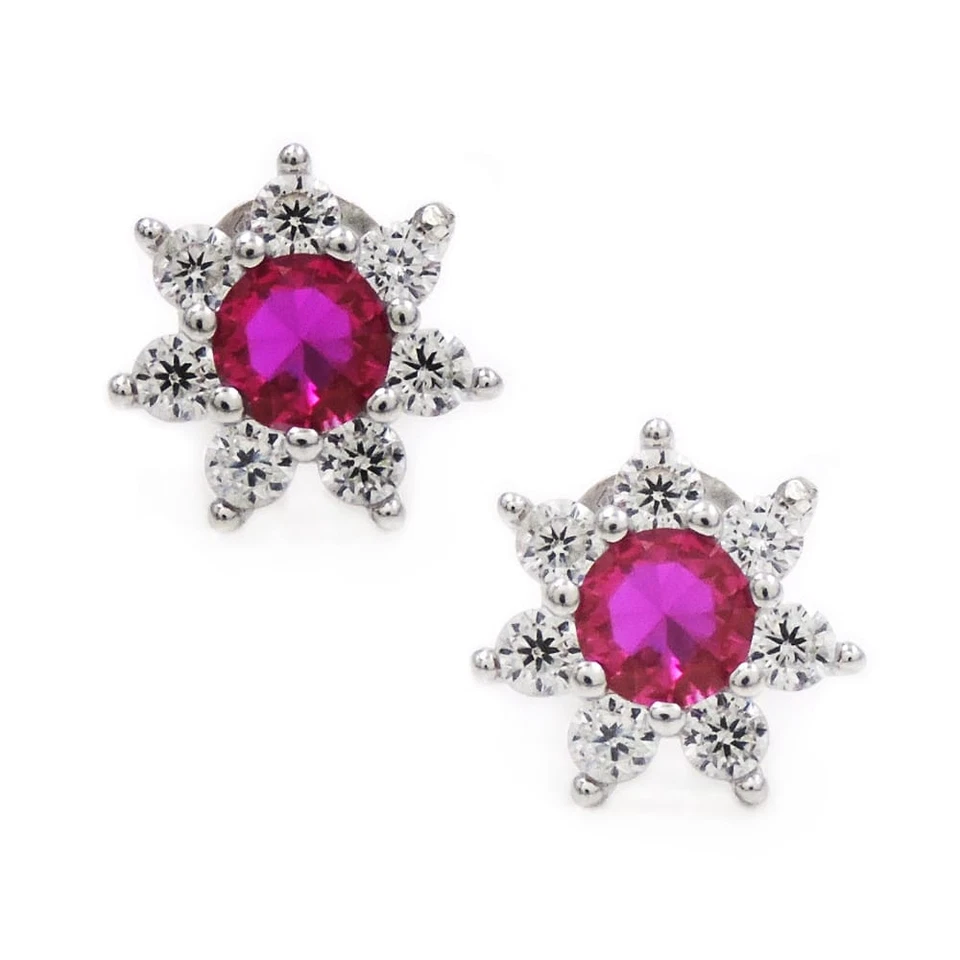 Orecchini Fiore in Argento 925 con Pietra Tonda Colorata e Zirconi Bianchi - Immagine 2 di 3