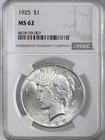 1925-P  $1 PEACE SILVER DOLLAR  "PHILADELPHIA MINT"  NGC MS62 #8678139-007