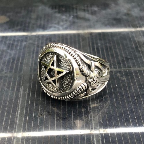 Handcrafted 925 Sterling Silver Baphomet Goat Head Gothic Pentagram Satanic Ring - Picture 5 of 7