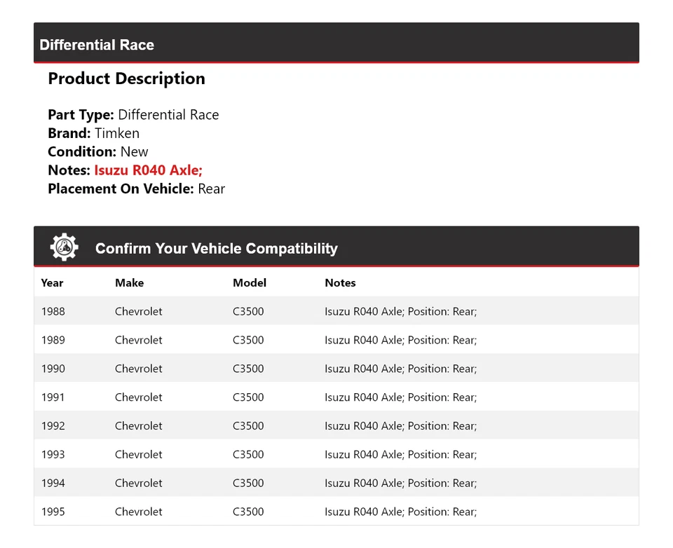 Para 1988-1995 Chevrolet C3500 Diferencial Corrida Traseira Timken 1989 1990 1991 1992 - Imagem 2 de 4