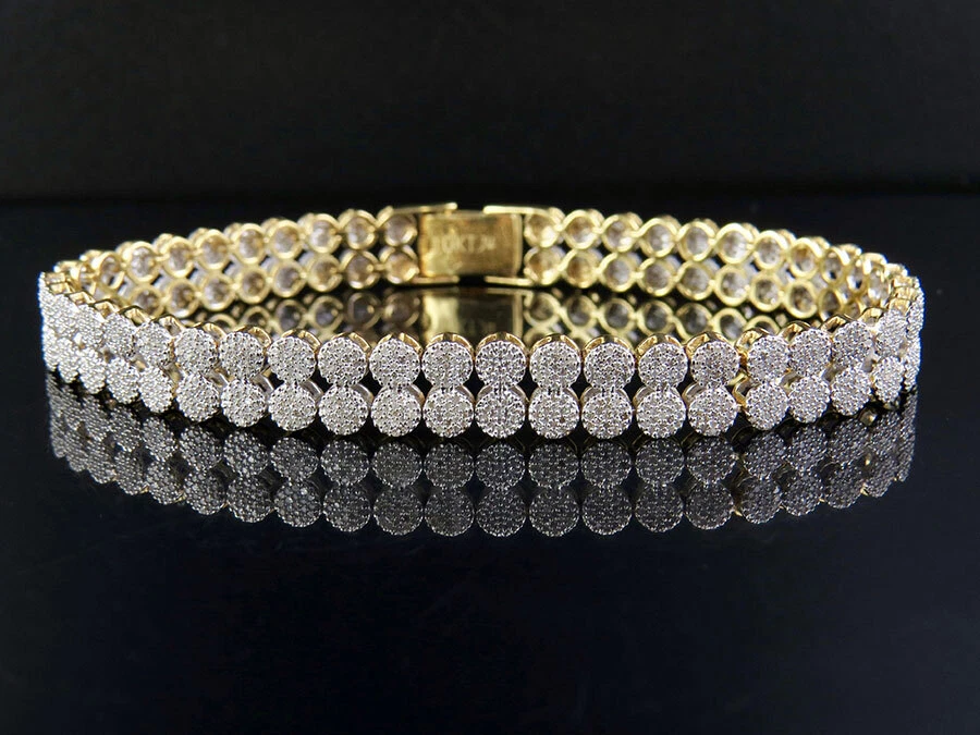 Brazalete Unisex Oro Amarillo 10K Diamante Genuino 8MM Dos Filas Racimo 2.7 CT 7" Foto 2 de 4