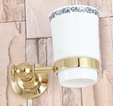 Gold Brass Toothbrush Holder with Ceramic Cup Wall Mounted Bathroom Accessory