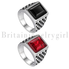 Stainless Steel Vintage Polished Chess Glass Stone Signet Ring for Men Size 7-12