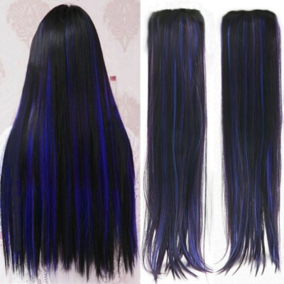 2x Haarverlängerungen Clip-In Extensions Haarverdichtungen Dunkelbraun+Pink/Blau