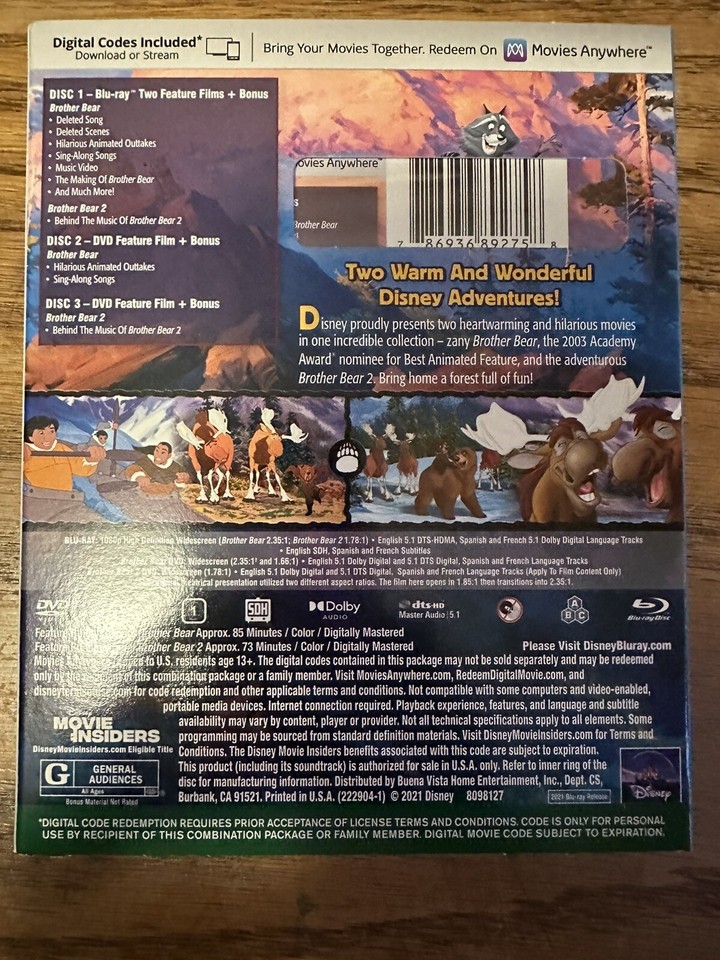Disney Brother Bear Bluray DVD Digital Code New Sealed with