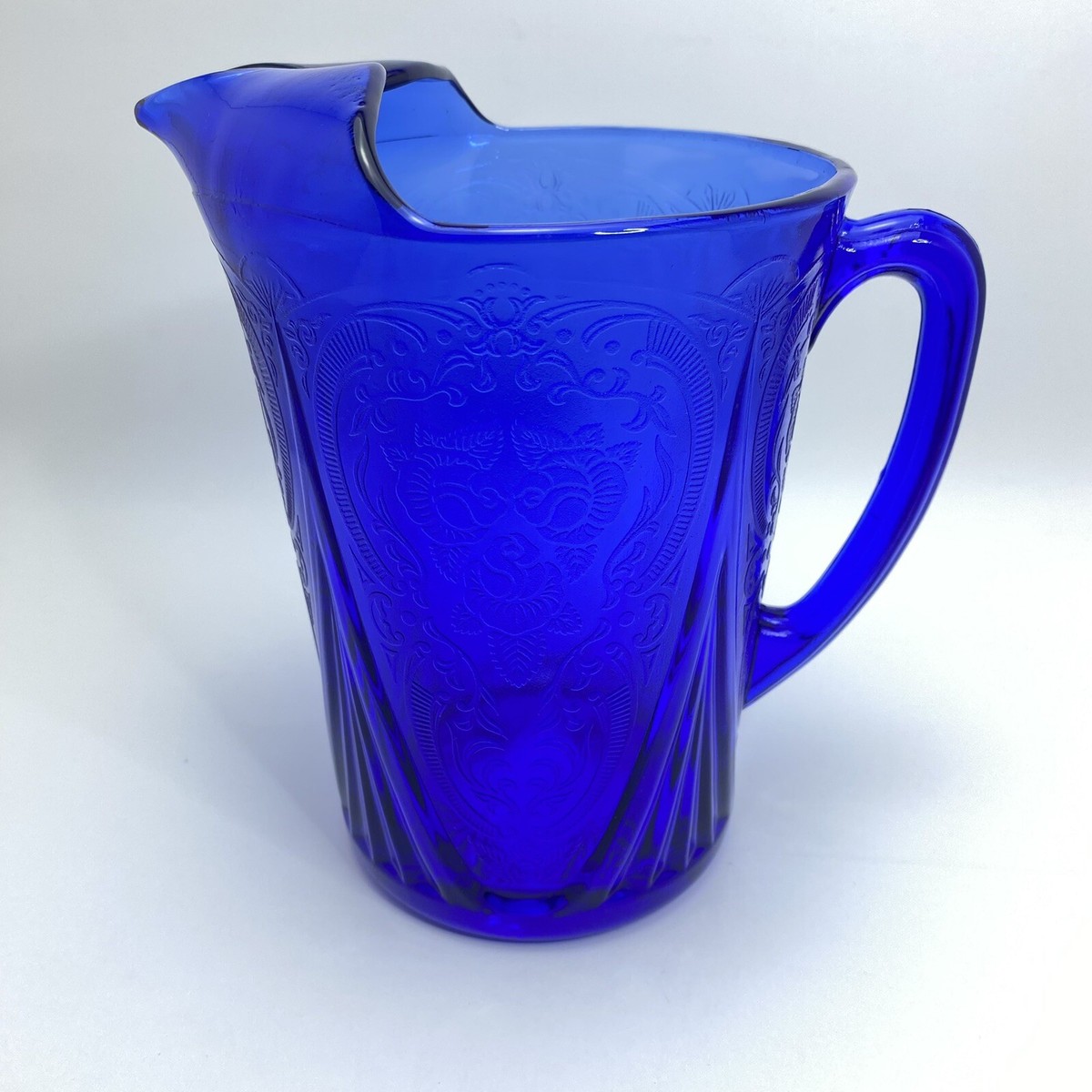 VINTAGE Hazel Atlas Royal Lace Cobalt Blue Ice-Lip Water Pitcher