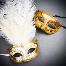 White Gold Top Feather Venice Masquerade Venetian Mardi Gras Couple's Party Mask