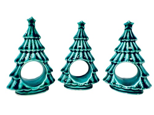 Vintage 1980's Green Ceramic Hand Painted Christmas Tree Napkin Ring Holders Set - Picture 7 of 16