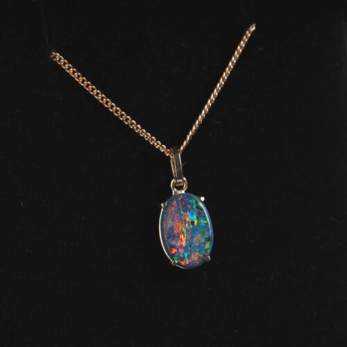 Vintage Black Opal Doublet 9ct Gold Necklace Pendant Natural Blue Red Fire - Picture 1 of 10