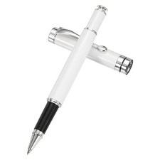 Luxury Metal Rollerball Pen, 0.5mm Black Ink for Men, White Silver Tone