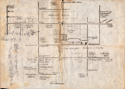 Tokyo Imperial Palace Area Hand Drawn Map w Notes c1930s 40s