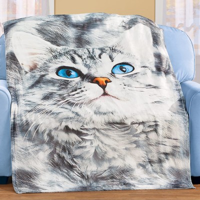 Cozy Cat with Blue Eyes Fleece Throw Blanket